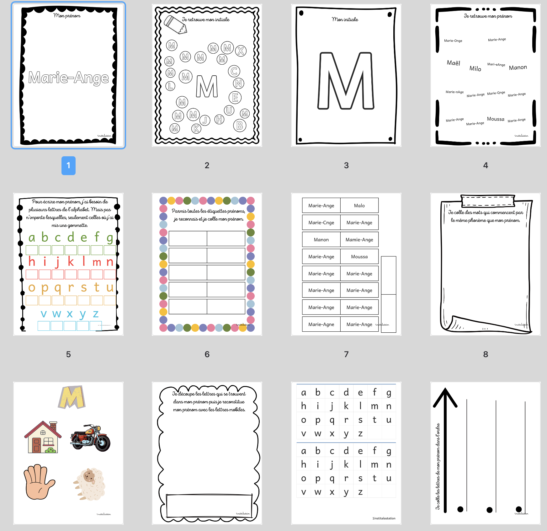 Les 12 pages du cahier prénom en script pour le prénom Marie-Ange, avec les lettres mobiles à découper
