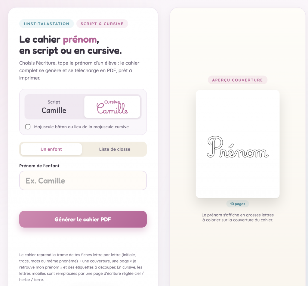 Générateur cahier prénom script & cursive- Accès