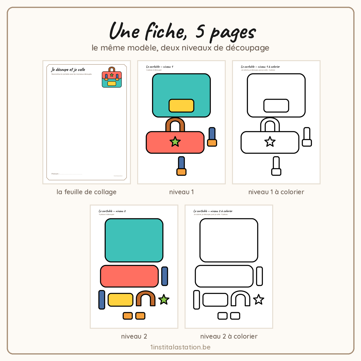 Les cinq pages d'une fiche : feuille de collage, niveau 1, niveau 1 à colorier, niveau 2, niveau 2 à colorier