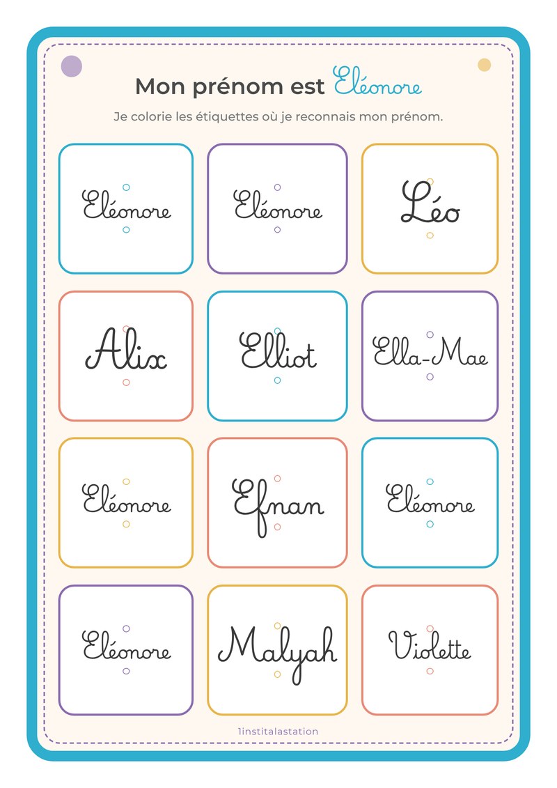 Fiche Je reconnais mon prénom en écriture cursive Marelle, avec douze étiquettes de prénoms à colorier