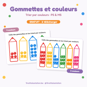 Fiches Gommettes et couleurs : crayons à remplir de gommettes triées par couleurs, version 4 et 6 couleurs